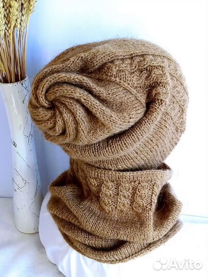 Комплект вязаный шапка бини снуд и митенки новый