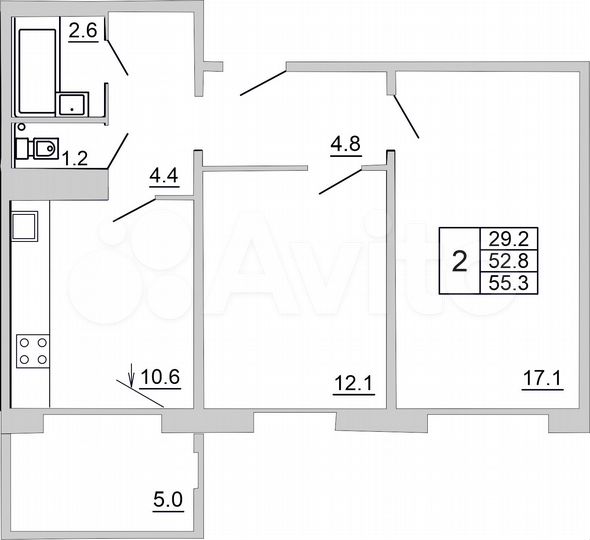 2-к. квартира, 55,3 м², 10/10 эт.