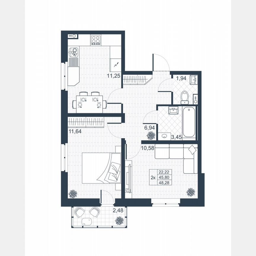 2-к. квартира, 46,5 м², 1/8 эт.