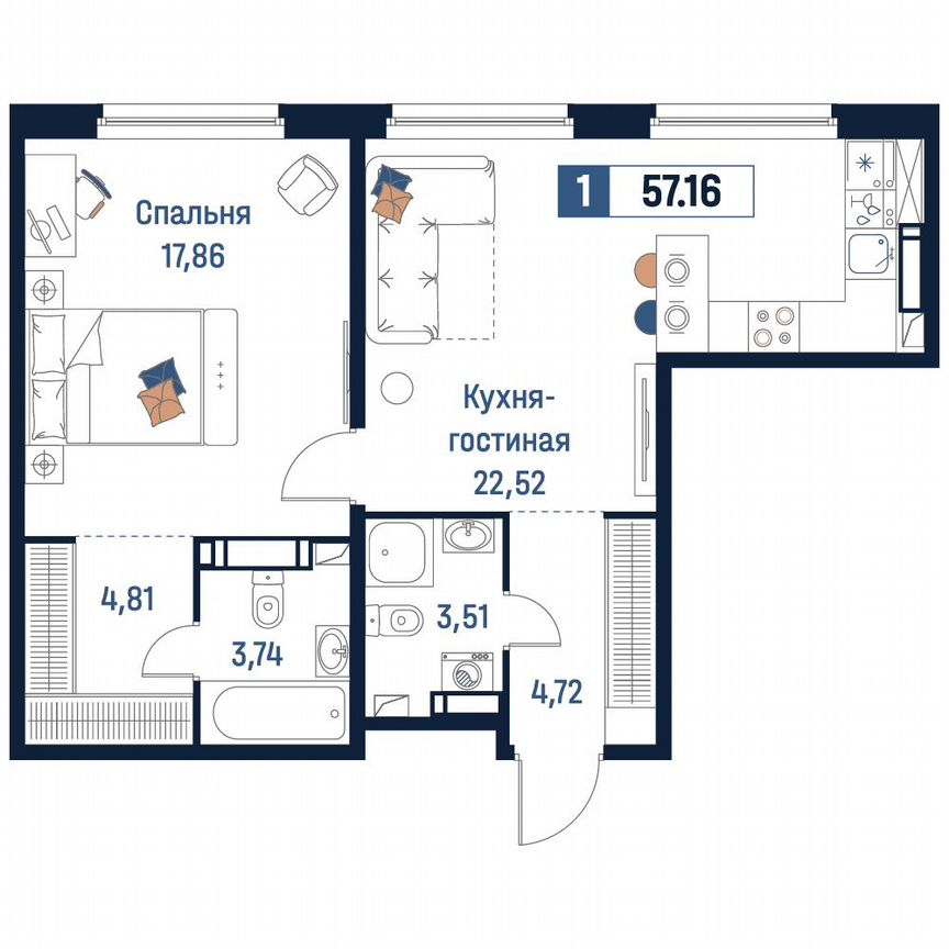 1-к. квартира, 57,2 м², 18/18 эт.