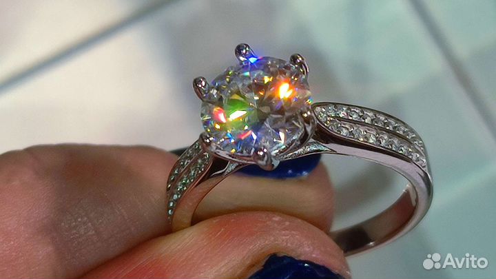 Кольцо с муассанитом 2 ct 8mm D FL, 925/au750