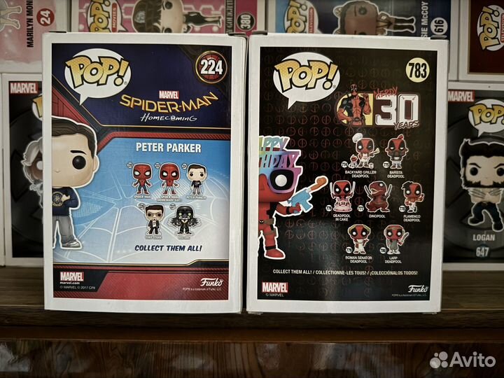 Peter Parker 224, Deadpool 783. Funko Pop