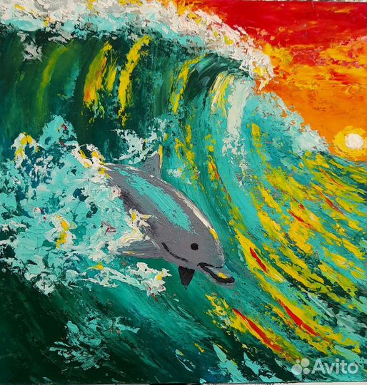 Картина маслом на картоне 20*20 см дельфин море