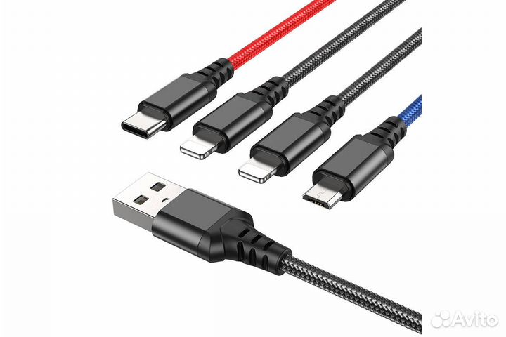 Кабель USB 4в1 hoco 2Lightning/Micro/Type-C 1 метр