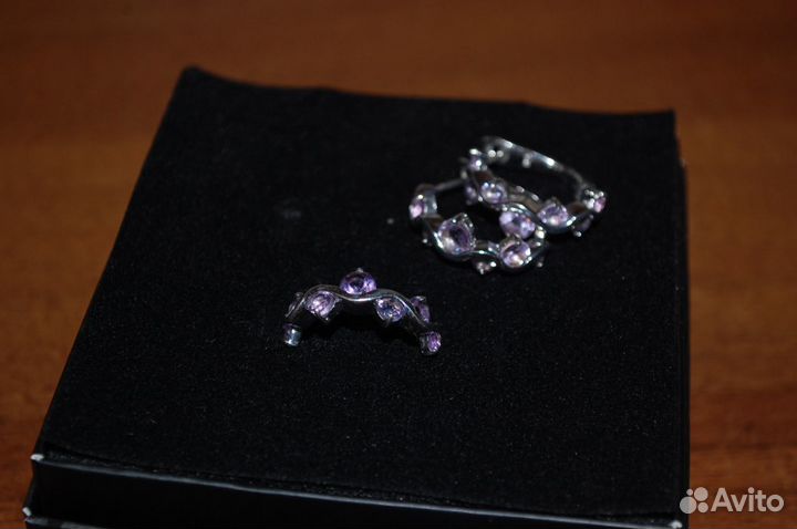 Серебряные серьги конго с аметистами, кольцо (17р)