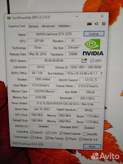 Видеокарта Asus gtx 1070 8gb