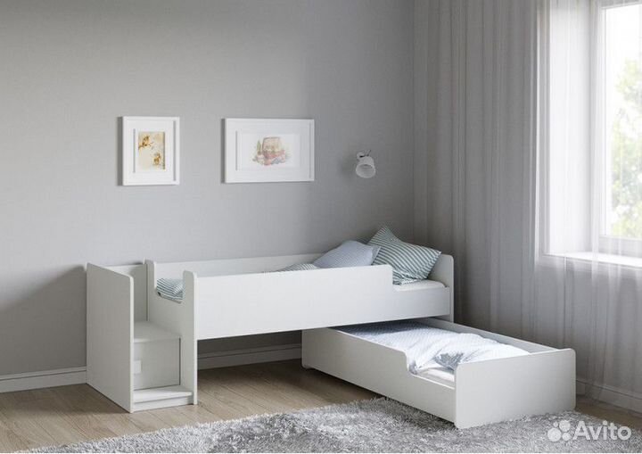 Кроватка для двоих выкатная + лесенка