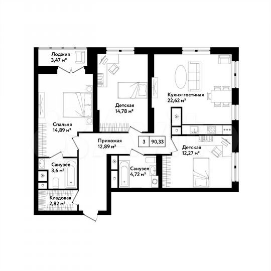 3-к. квартира, 90,3 м², 12/25 эт.