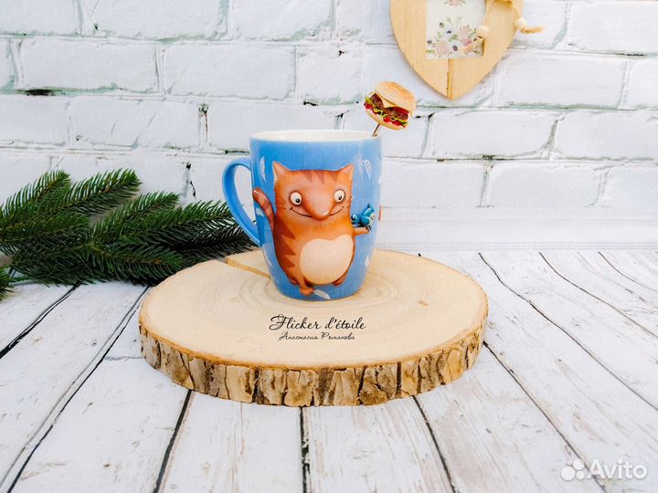 Декорированная кружка полимерной глиной. Рыжий кот