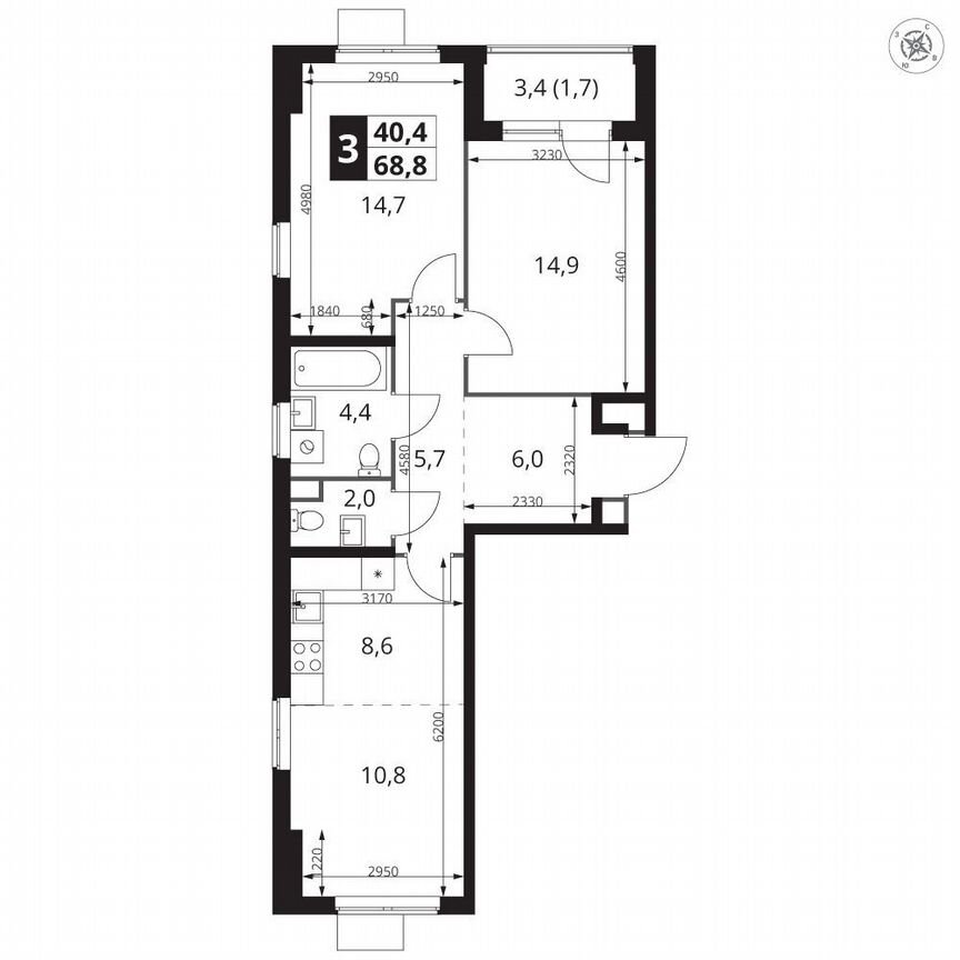 2-к. квартира, 68,8 м², 3/12 эт.