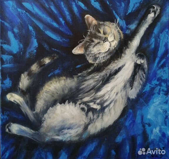 Картина маслом на холсте. Сон счастливого кота
