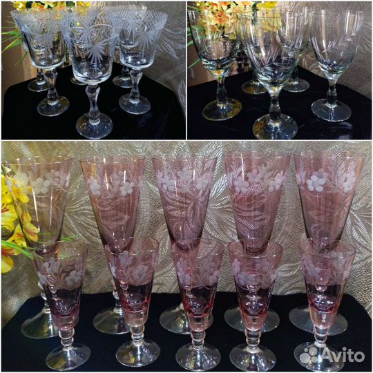 Наборы фужеров, цветное стекло. Винтаж СССР