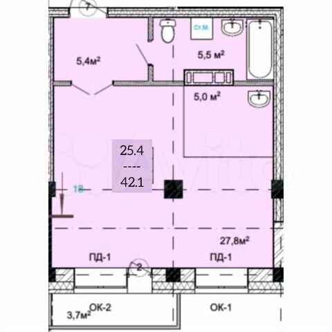 Квартира-студия, 42,1 м², 6/9 эт.