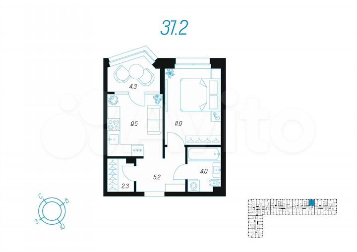 1-к. квартира, 37,2 м², 12/24 эт.