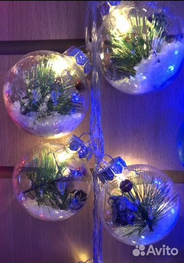Гирлянда 10 шаров внутри шишка елка снег клюква