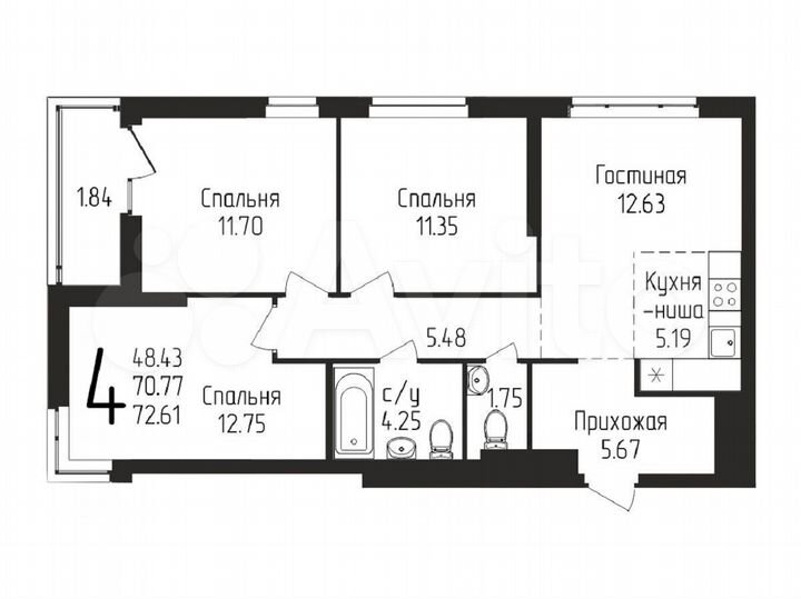 4-к. квартира, 72,6 м², 20/25 эт.