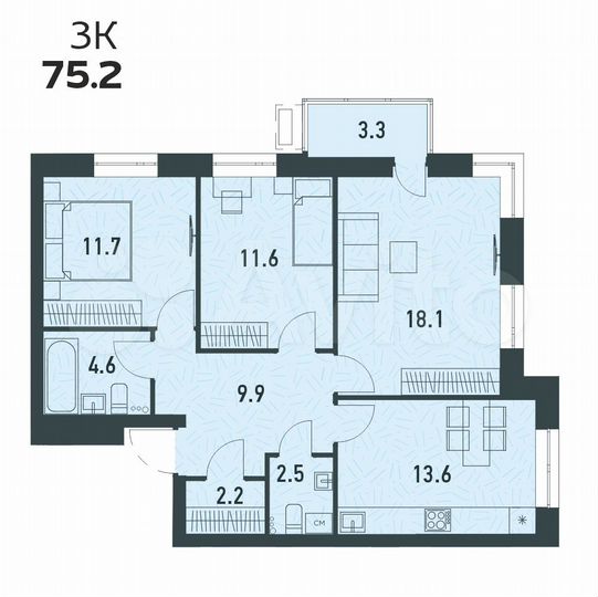 3-к. квартира, 75,2 м², 11/16 эт.