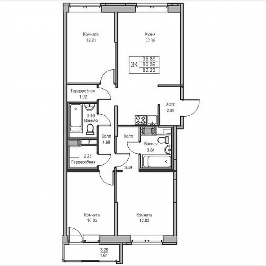 3-к. квартира, 82,2 м², 11/23 эт.