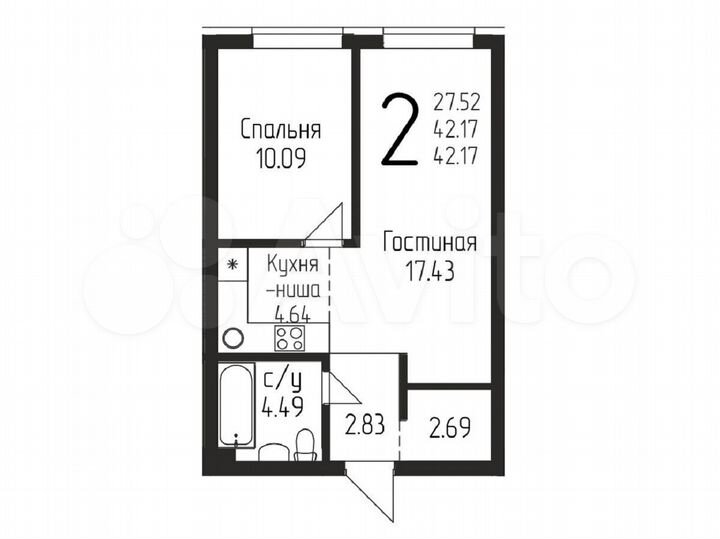2-к. квартира, 42,1 м², 2/19 эт.
