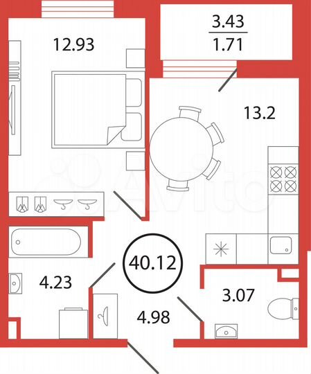 1-к. квартира, 40,1 м², 4/12 эт.