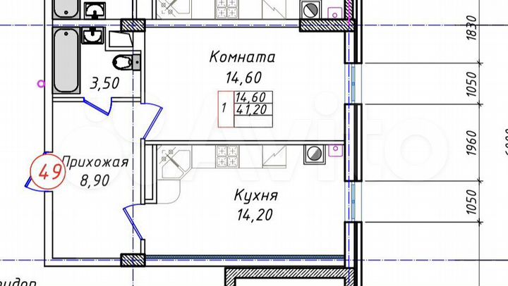 1-к. квартира, 41,2 м², 5/8 эт.