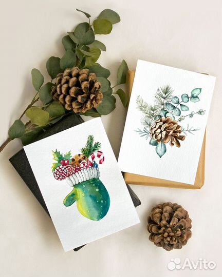 Акварельная открытка, картина. Новый год