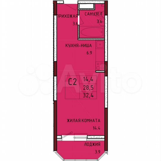 Квартира-студия, 32,4 м², 4/17 эт.