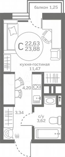 Квартира-студия, 22,6 м², 13/17 эт.