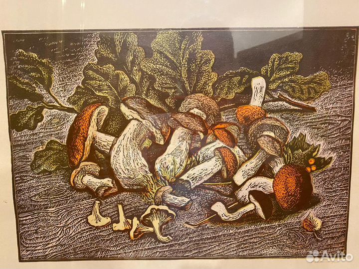 Картина линогравюра,гравюра, Грибы,подпись автора