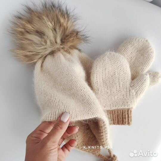 Новый Зимний вязаный комплект шапка и варежки