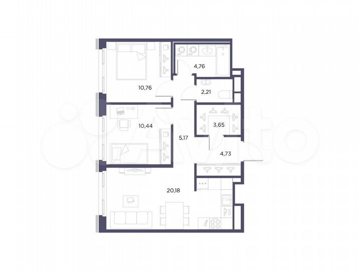 2-к. квартира, 61,9 м², 6/10 эт.