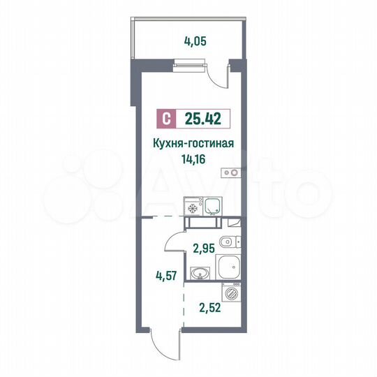 Квартира-студия, 25,4 м², 9/16 эт.