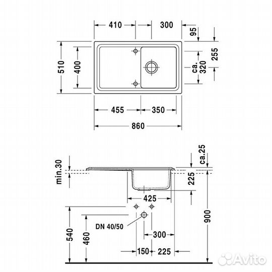 Duravit Cassia Кухонная мойка 86x51см., встраиваем