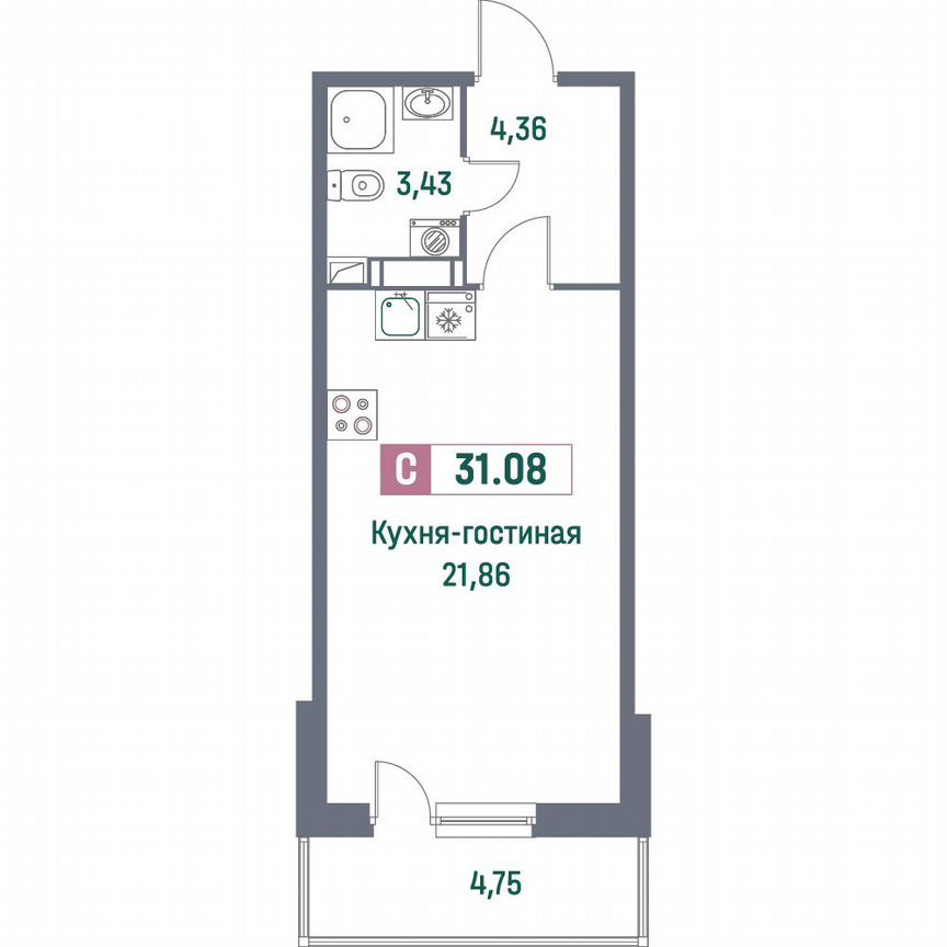 Квартира-студия, 31,1 м², 15/16 эт.