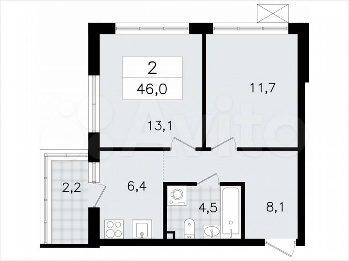 2-к. квартира, 46 м², 3/7 эт.