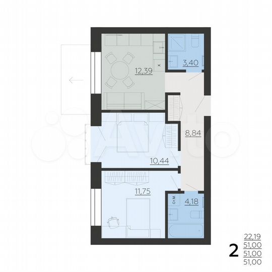 2-к. квартира, 51 м², 3/6 эт.
