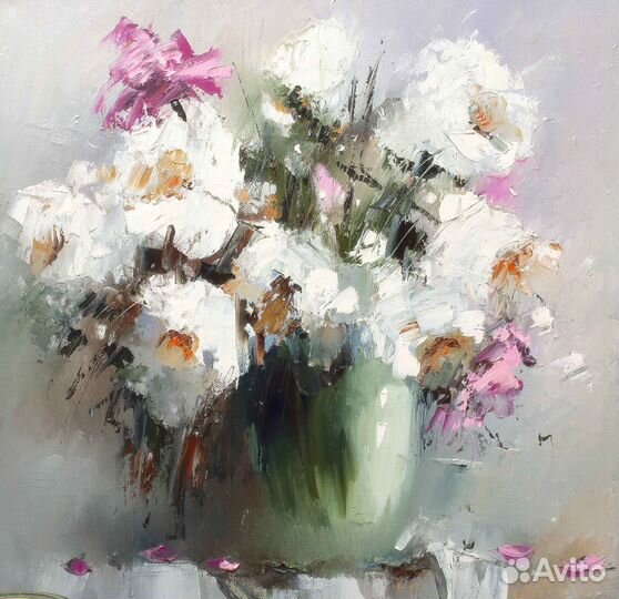 Картина маслом Белые пионы 40х40 см