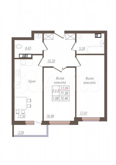 2-к. квартира, 71,4 м², 4/19 эт.