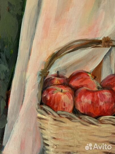 Картина акрилом. Яблоки в корзине.Ручная работа