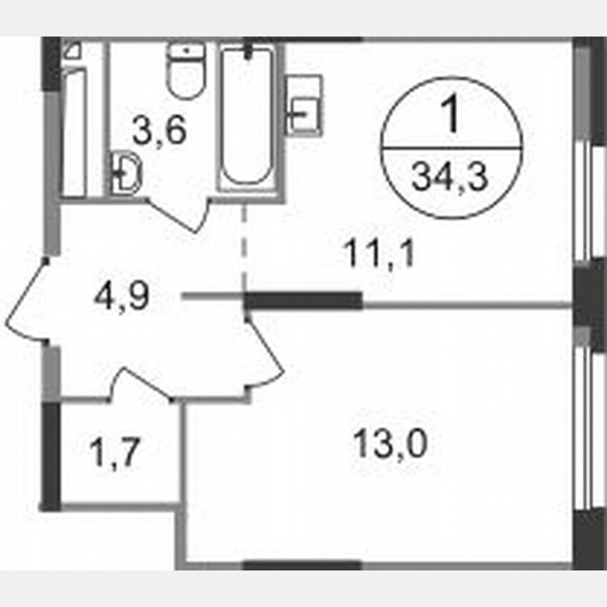 1-к. квартира, 34,3 м², 6/19 эт.