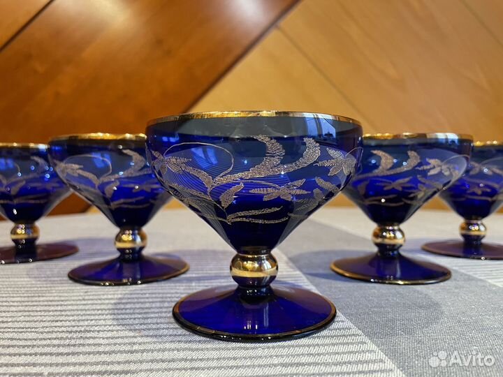 Фужеры кобальт Богемское стекло Золото