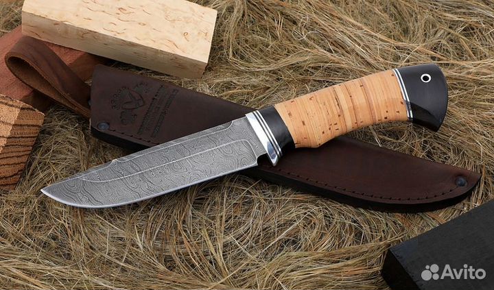 Нож Барракуда сталь дамаск, рукоять береста