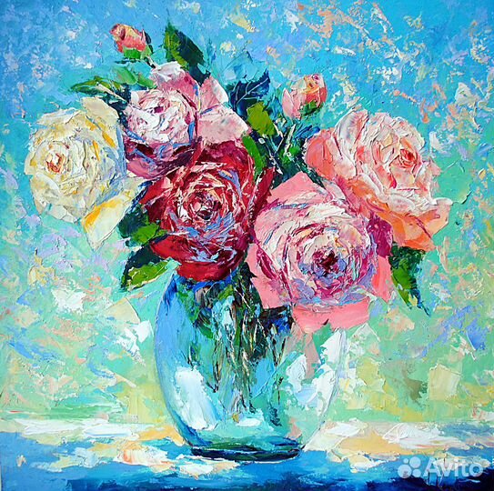 Картина маслом с розами 40х40 см Картина с цветами