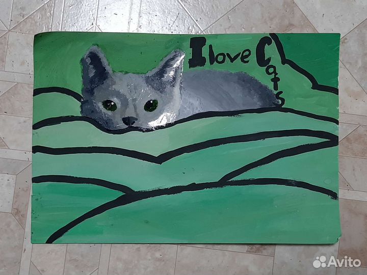 Рисунок кота. Гуаш. Надпись 