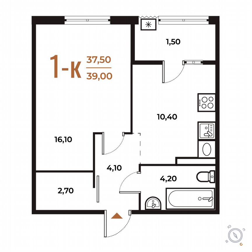 1-к. квартира, 39 м², 3/8 эт.