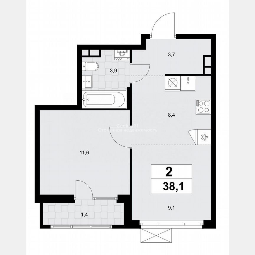 2-к. квартира, 38,1 м², 8/15 эт.