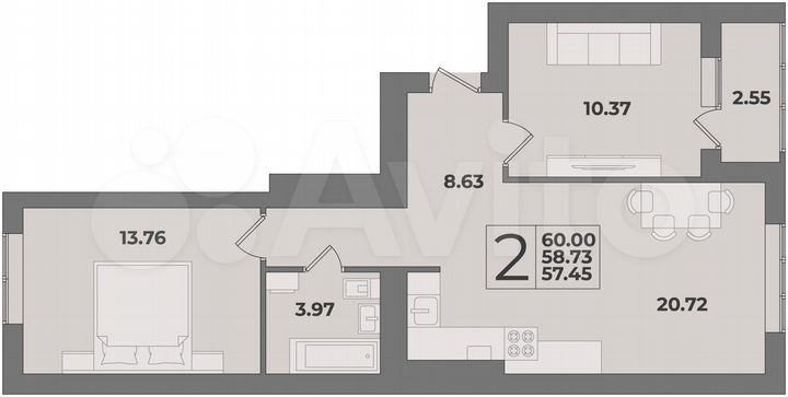 2-к. квартира, 60 м², 2/9 эт.