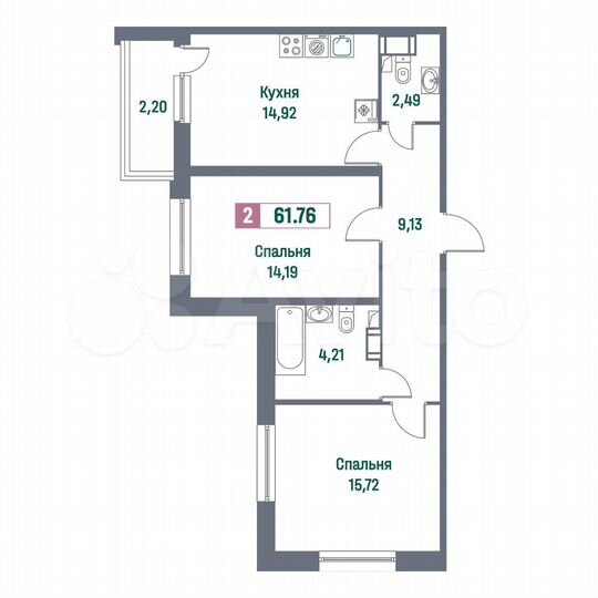 2-к. квартира, 61,8 м², 3/16 эт.