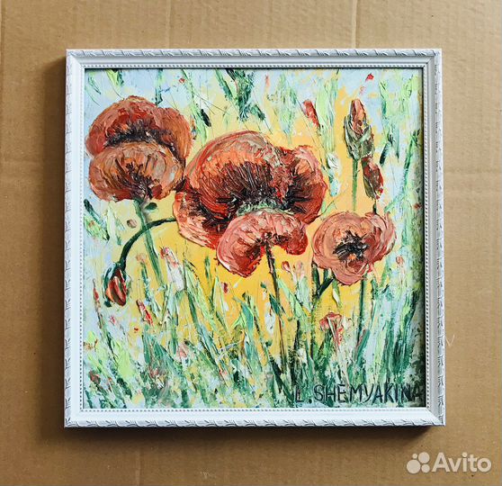 Картина маслом красные маки в раме 30х30 см