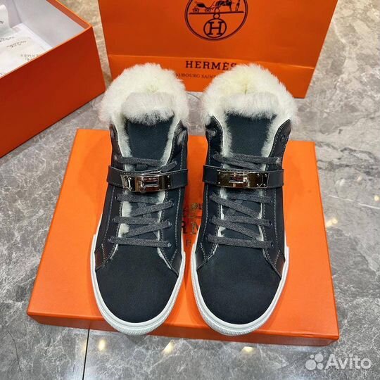 Кроссовки мужские зимние Hermes grey suede